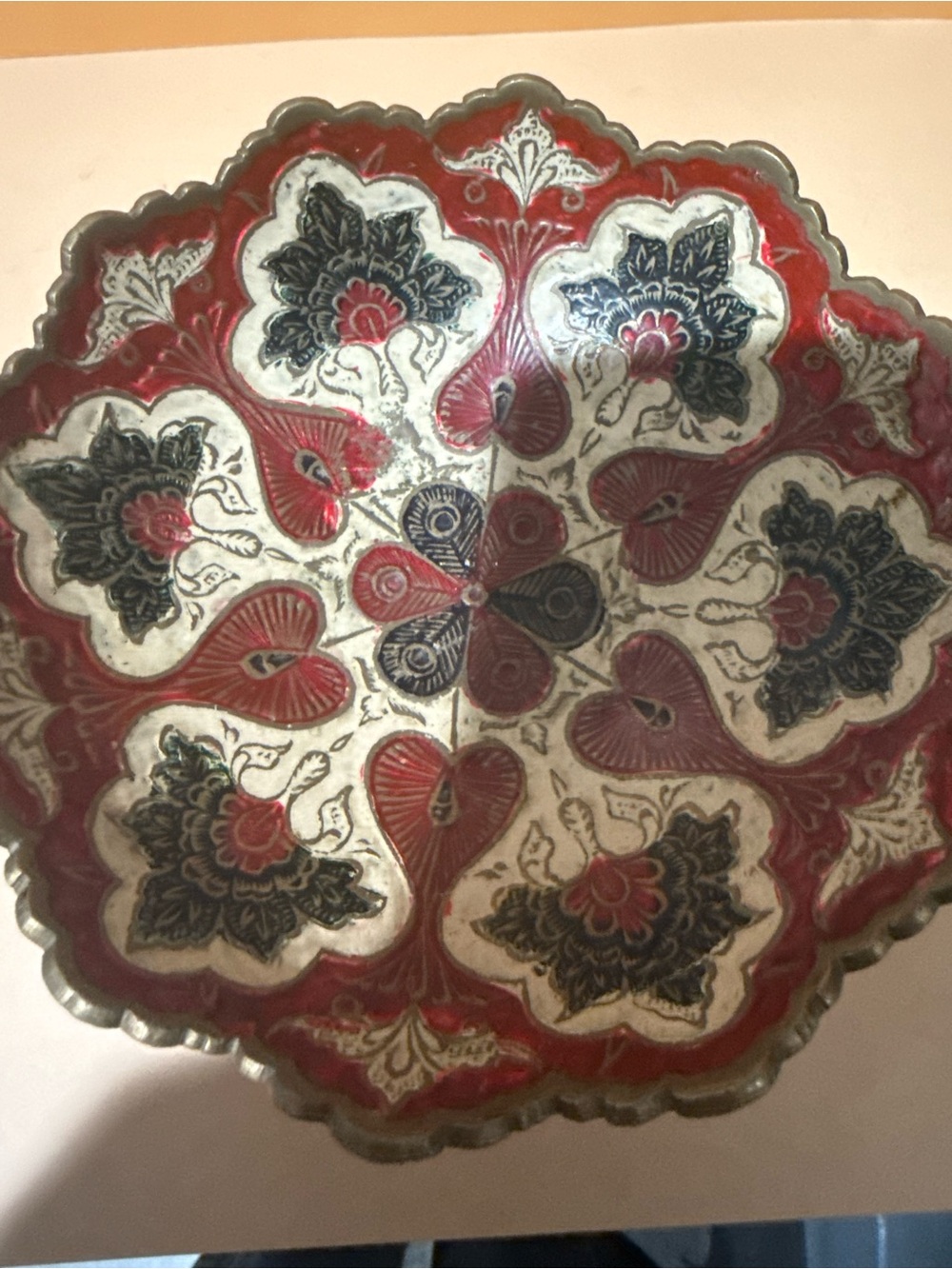 Vintage Brass Hand-Painted Scalloped Edges Red and White Decorative Home Art Bow